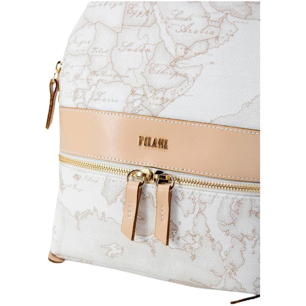 Alviero Martini Prima Classe white synthetic leather backpack with map design, featuring zip closure and beige detailing.