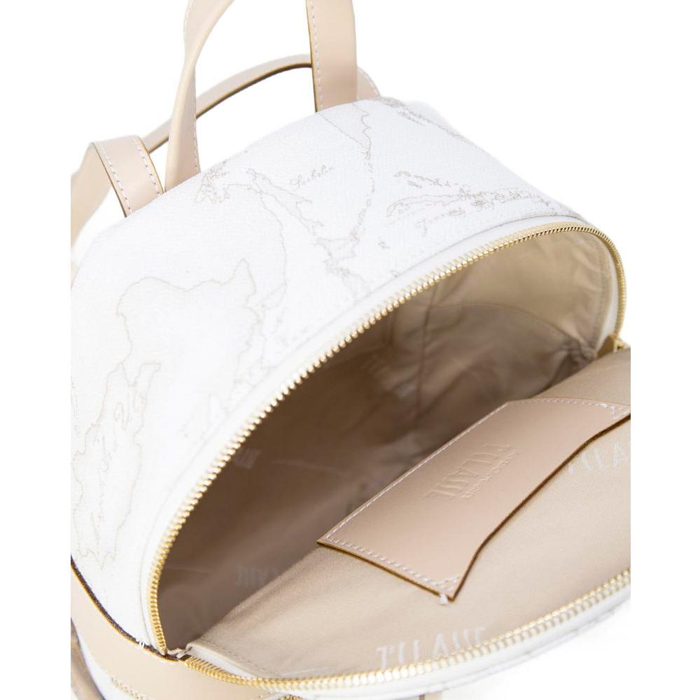 Alviero Martini Prima Classe white synthetic leather backpack with open compartment, beige interior, and detailed stitching.