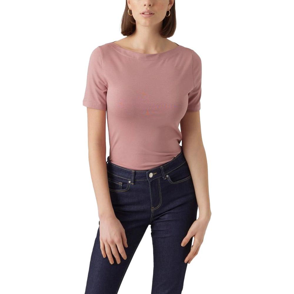 Woman wearing Vero Moda Pink Viscose T-shirt, short-sleeve, elegant minimalist design, paired with dark jeans against a white background.