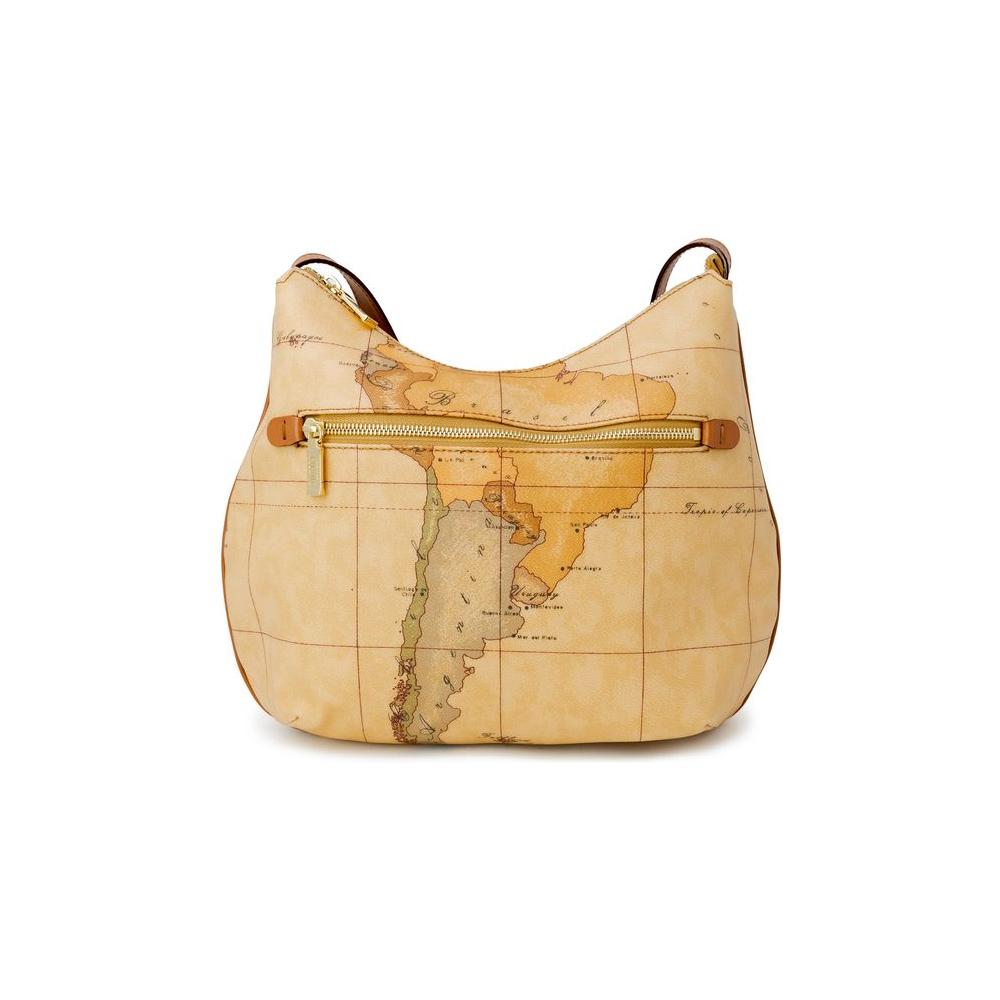 Alviero Martini Prima Classe beige cotton handbag with world map design, women's autumn/winter collection, elegant and stylish accessory