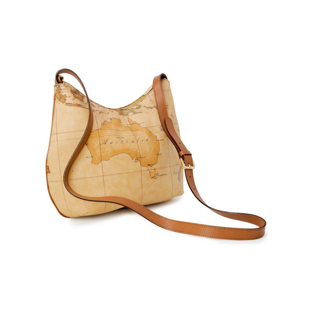 Alviero Martini Prima Classe beige cotton handbag with world map design, brown leather strap, perfect for autumn and winter collection.