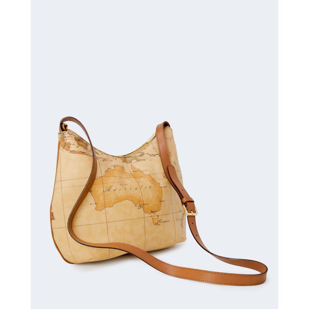 Alviero Martini Prima Classe beige cotton handbag with map design, featuring leather strap for women, autumn/winter collection.