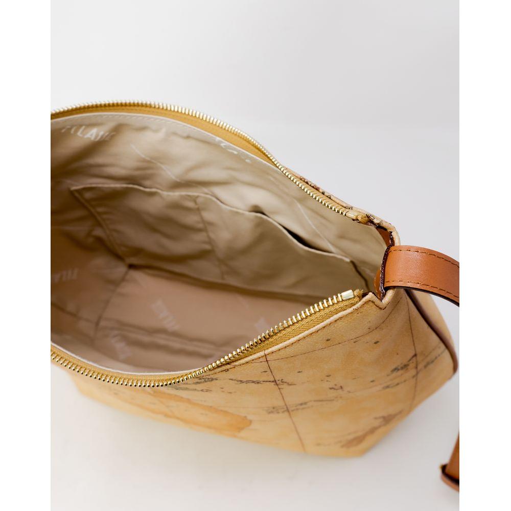 Open view of Alviero Martini Prima Classe beige cotton handbag with beige interior and brown leather strap, autumn/winter collection.