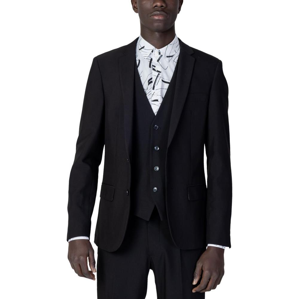 Antony Morato black polyester slim fit suit with white patterned shirt, formal men's fashion for occasions.