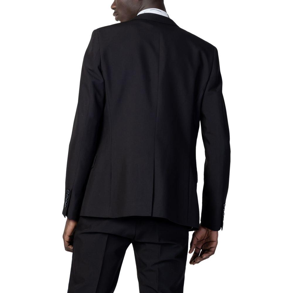 Back view of Antony Morato black polyester suit jacket showcasing slim fit and quality design for formal occasions.