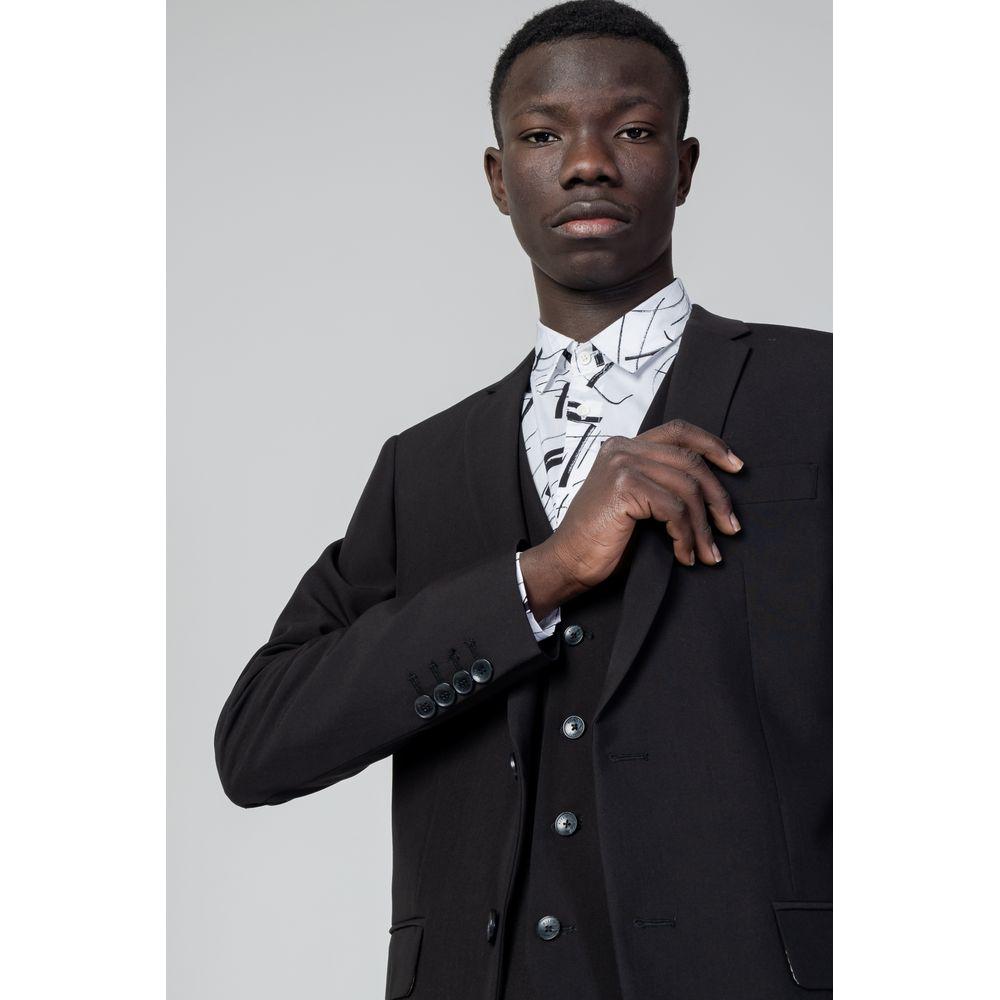 Man wearing Antony Morato Black Polyester Suit, slim fit with buttoned details, ideal for formal occasions.