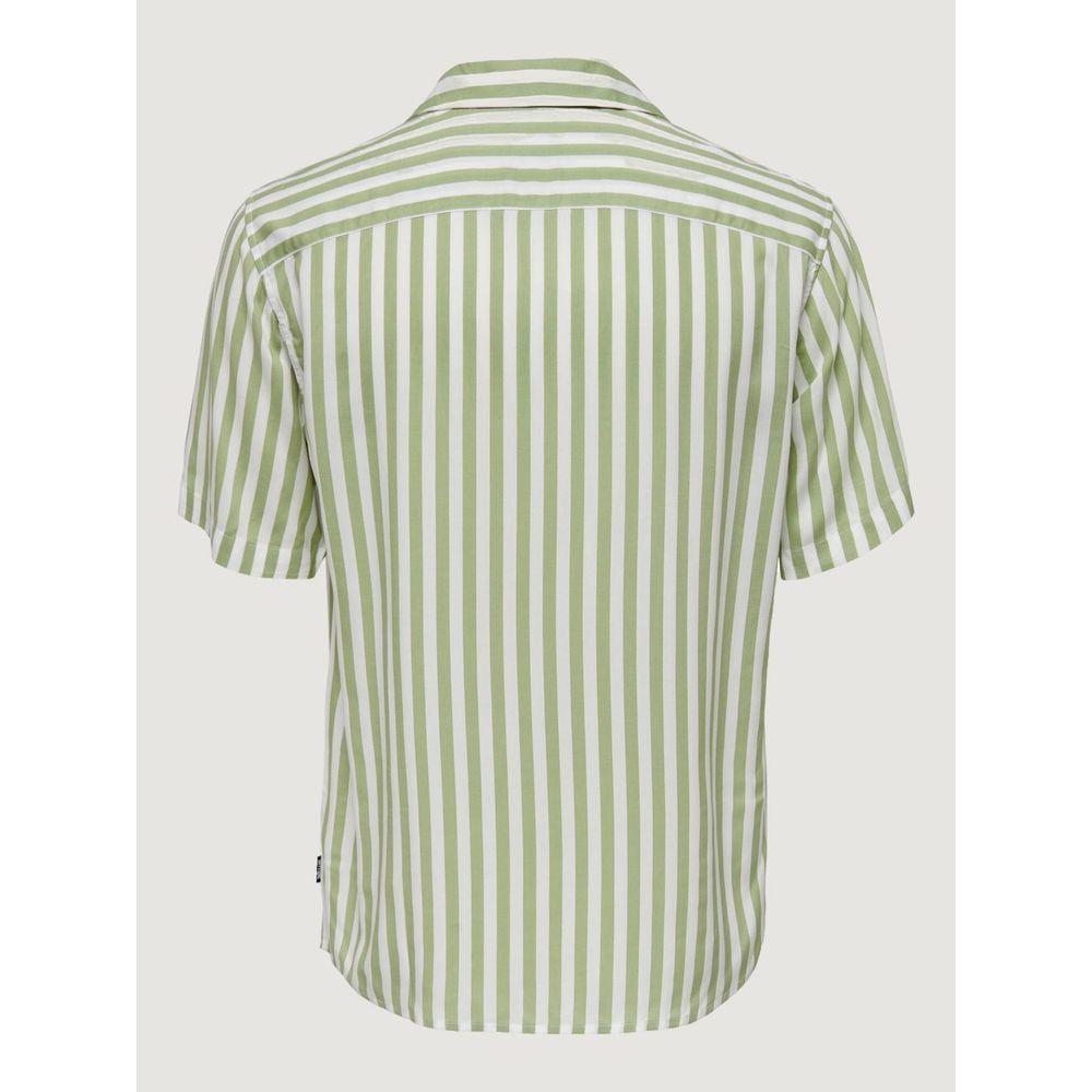 Back view of Only & Sons green striped viscose short-sleeved men's shirt, perfect for spring and summer fashion.