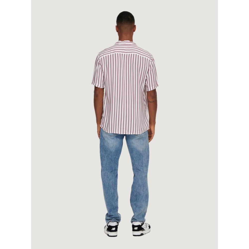 Back view of a man wearing a striped purple Viscose shirt and jeans from Only & Sons Spring/Summer collection.