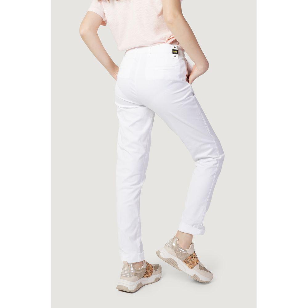 Woman wearing Blauer women's cigarette pants in white, made from 100% cotton, showcasing rear view of the jeans.
