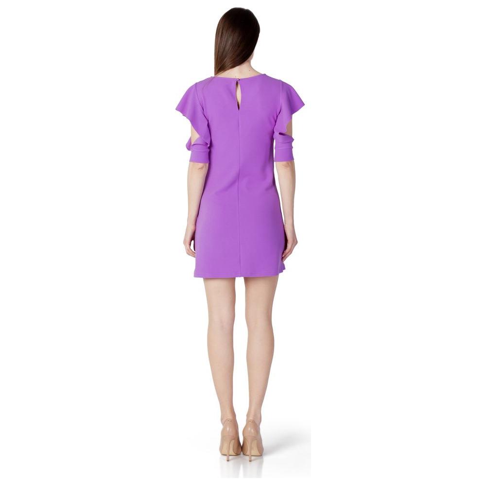 Back view of Rinascimento purple midi dress, spring/summer collection, made from polyester and elastane, featuring short sleeves.