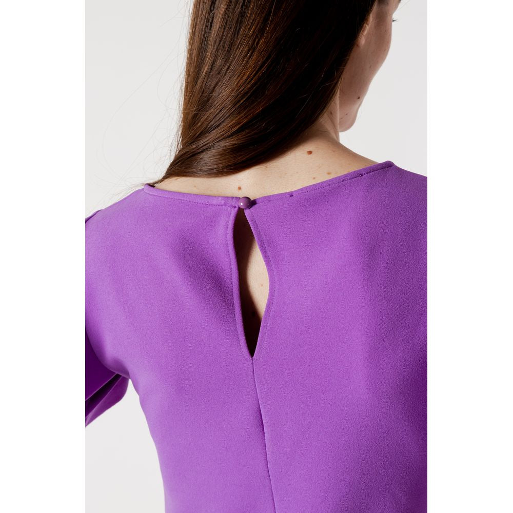 Back view of Rinascimento purple polyester midi dress, spring/summer collection, featuring button closure and elegant neckline.