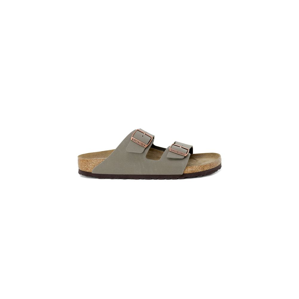 Birkenstock women's gray leather sandal from the spring/summer collection, featuring two adjustable straps and a cork sole.