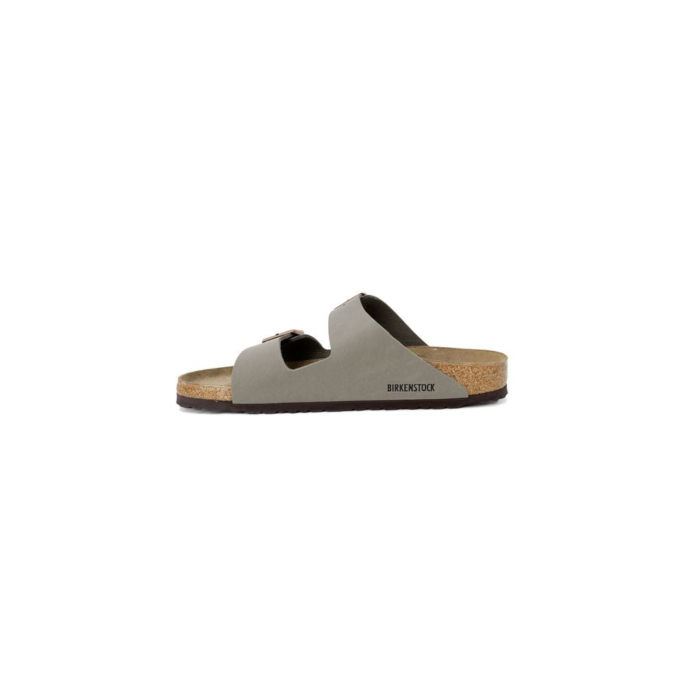 Birkenstock gray leather sandal for women, spring/summer collection, 100% leather, slide style, side view.