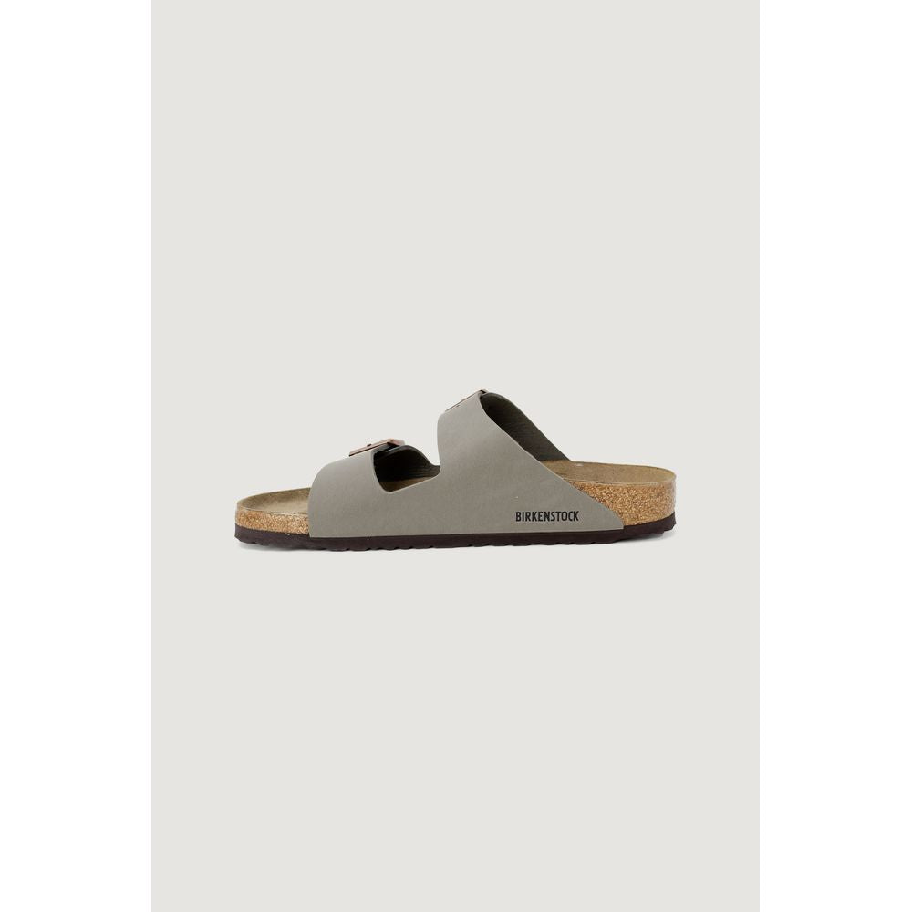Birkenstock gray leather sandal for women, spring/summer collection, featuring 100% leather, side view on a white background.