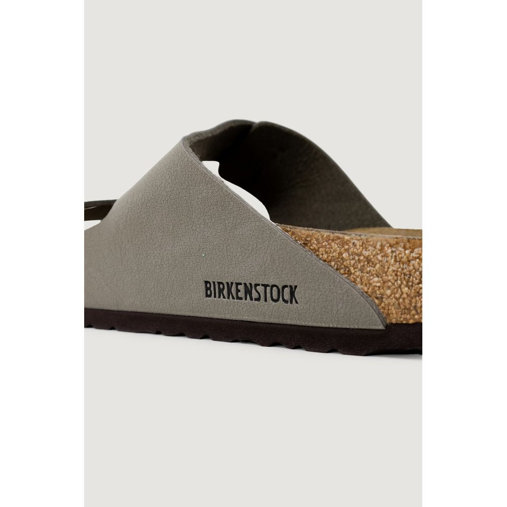 Birkenstock gray leather sandal for women, featuring 100% leather, spring/summer collection, close-up view of side and sole.