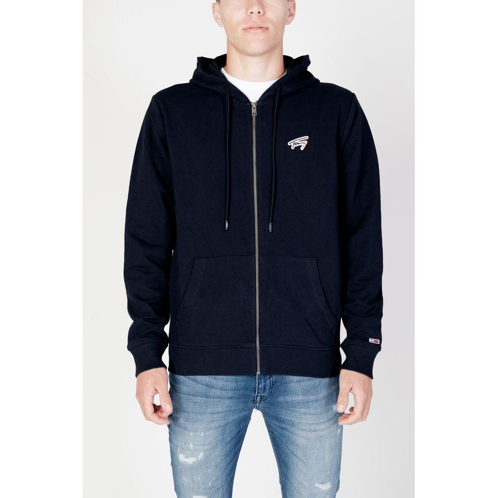 Men's blue organic cotton Tommy Hilfiger hoodie with zipper, part of Fall/Winter collection, made of 87% recycled cotton and 13% polyester.