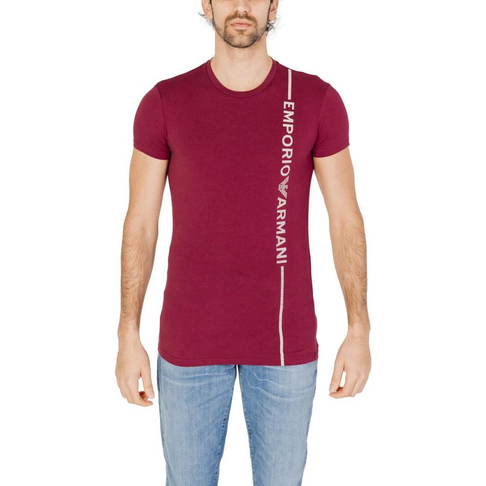 Emporio Armani Bordeaux cotton t-shirt with round neck and brand lettering, short-sleeve design for men in casual style.