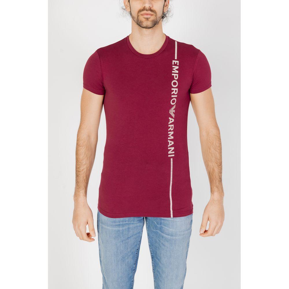 Emporio Armani Underwear Bordeaux Cotton T-Shirt with brand lettering, worn by model. Short-sleeve, round neck, ideal for casual style.