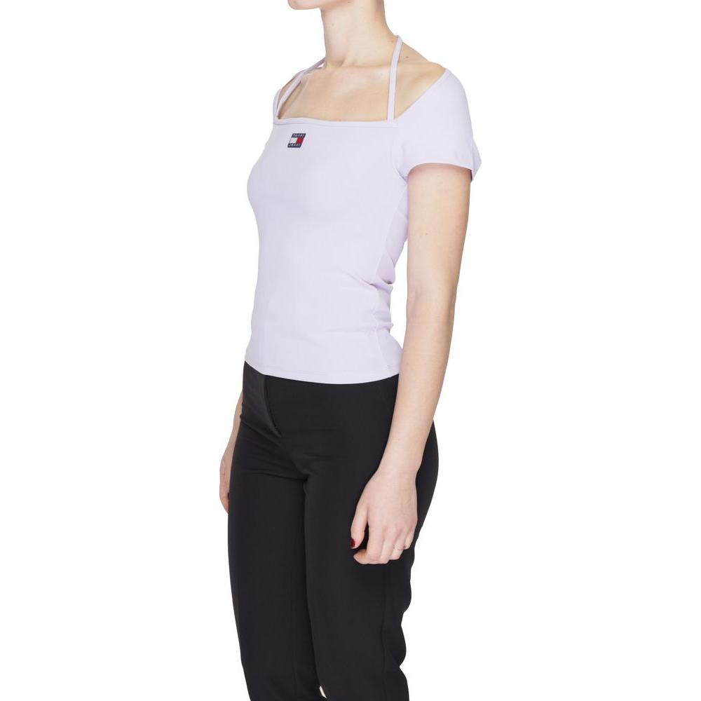 Purple Tommy Hilfiger women's spring/summer T-shirt made of recycled polyester and elastane, side view.