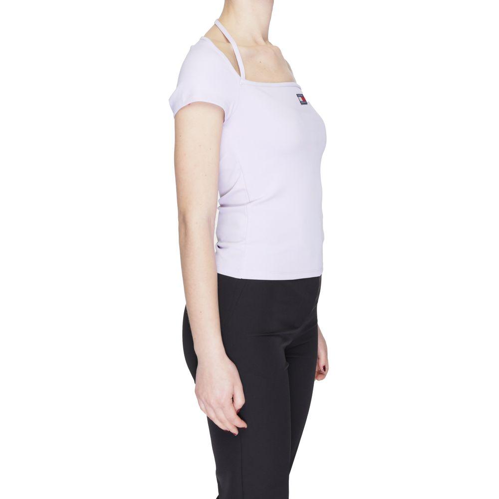 Tommy Hilfiger purple women's t-shirt, made from 92% recycled polyester, spring/summer collection, side view.