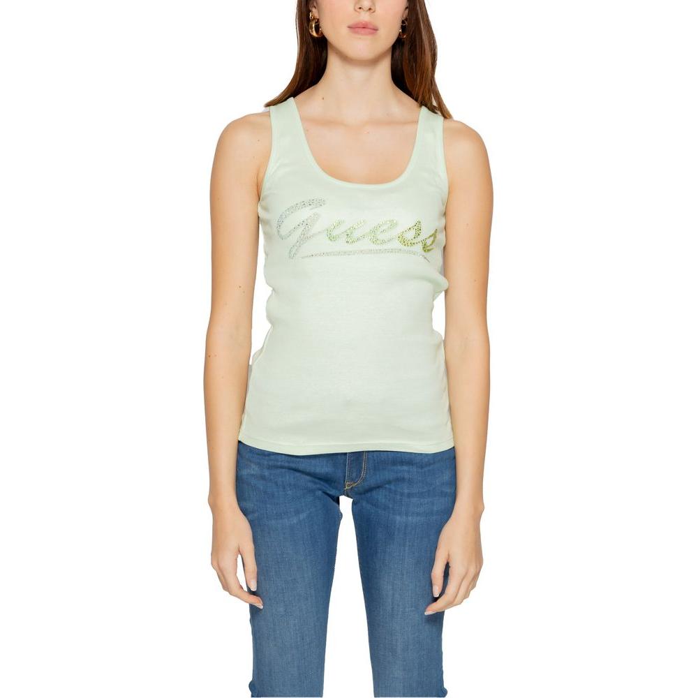Woman wearing Guess turquoise tank top, spring/summer collection, 100% cotton, front view