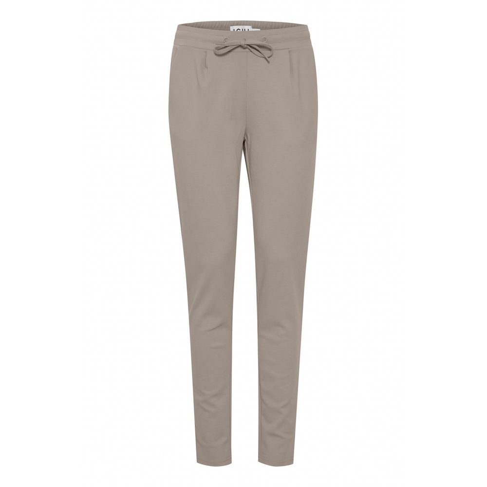 ICHI women's gray polyester cigarette pants, fall/winter collection, 74% polyester, 22% viscose, 4% elastane composition.