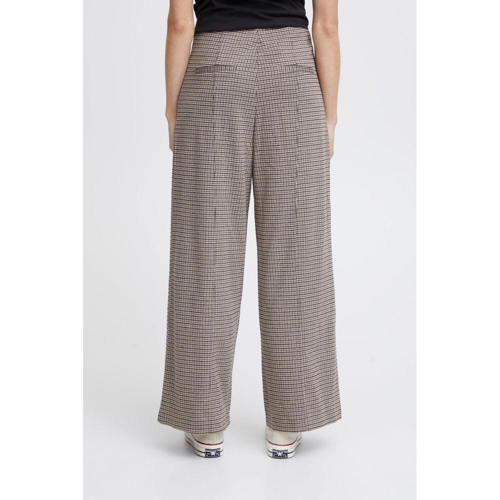 Back view of ICHI beige checkered women's palazzo pants made of polyester, viscose, and elastane, ideal for fall/winter collection.