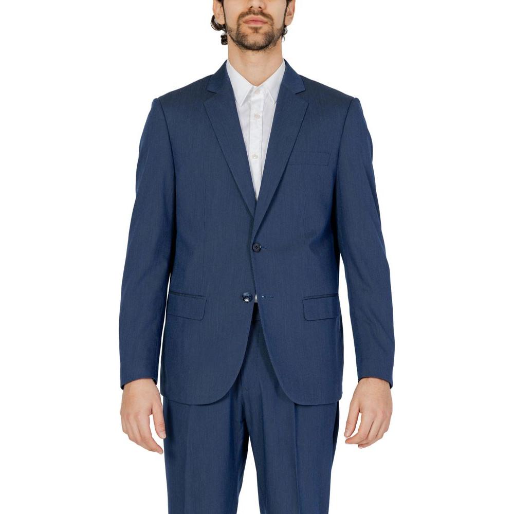 Antony Morato blue polyester suit for men, featuring a spring/summer jacket with 79% polyester composition, shown on a model.