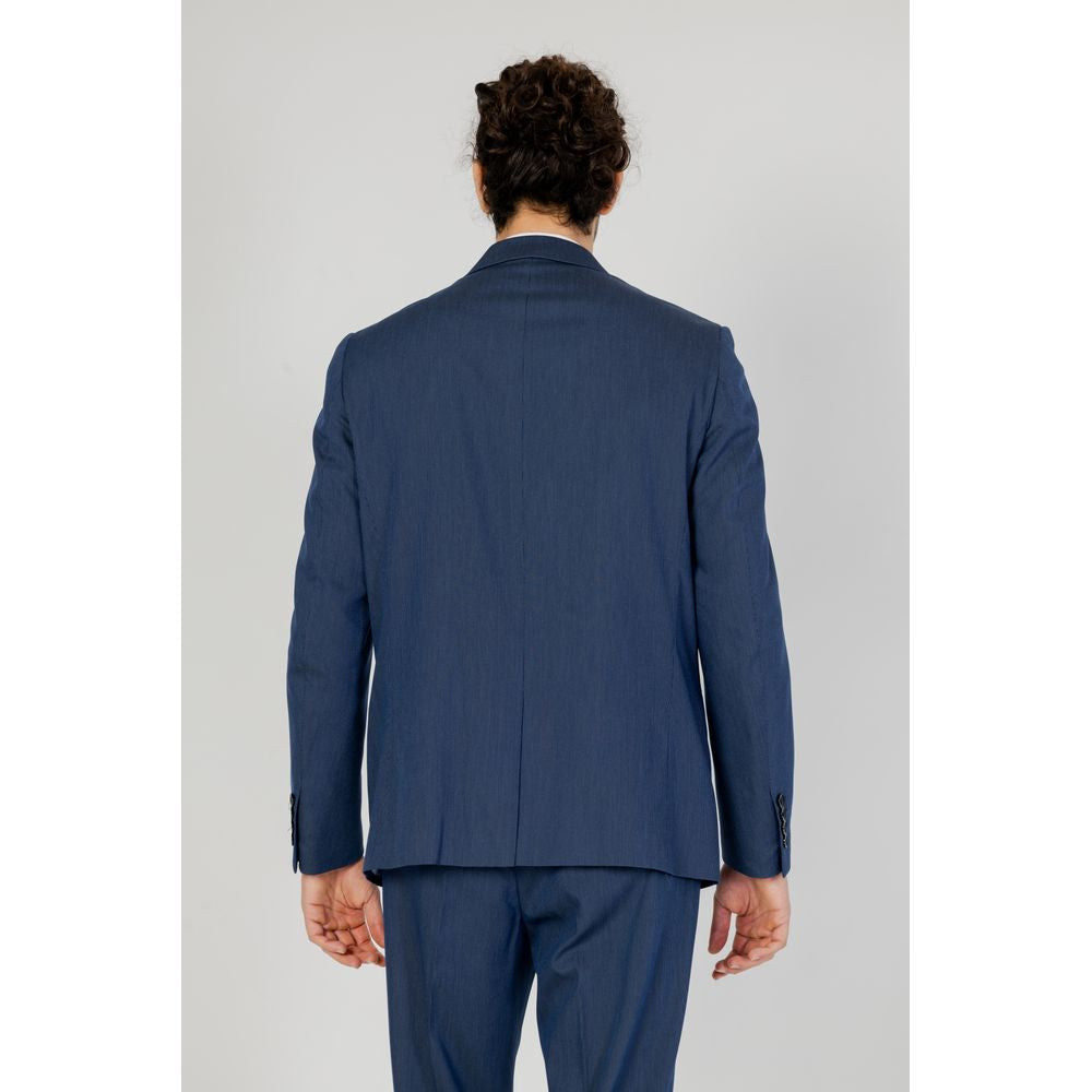Back view of man wearing Antony Morato blue polyester suit from spring/summer collection, highlighting elegant men's fashion.
