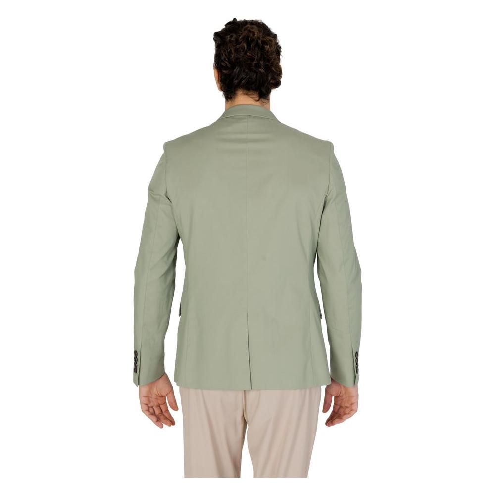 Back view of a green men's suit jacket, perfect for spring/summer, by Antony Morato. Made of cotton, modal, polyamide, and elastane.