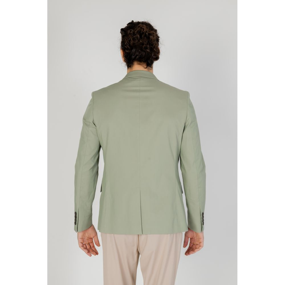 Back view of a men's green cotton suit jacket from Antony Morato's Spring/Summer collection, featuring a blend of cotton, modal, polyamide, and elastane.
