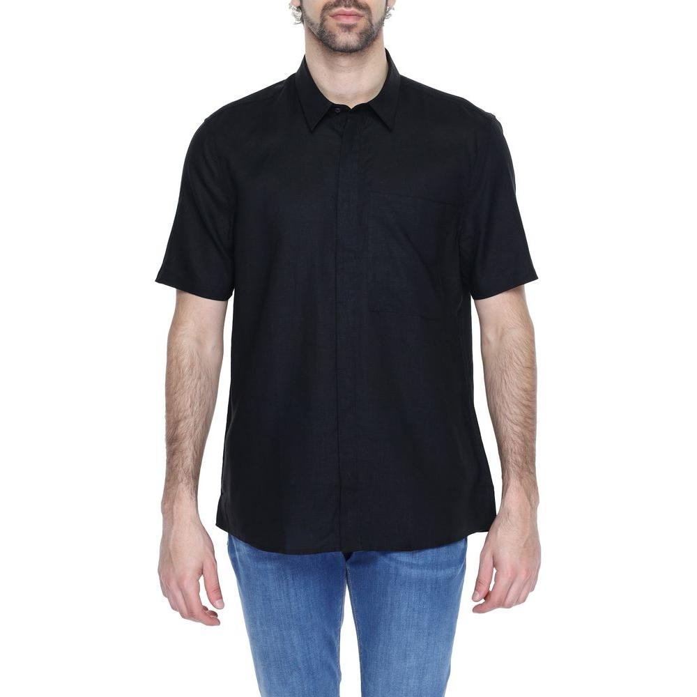 Men's Antony Morato black linen short sleeve shirt for spring/summer, featuring a blend of 55% linen and 45% viscose.