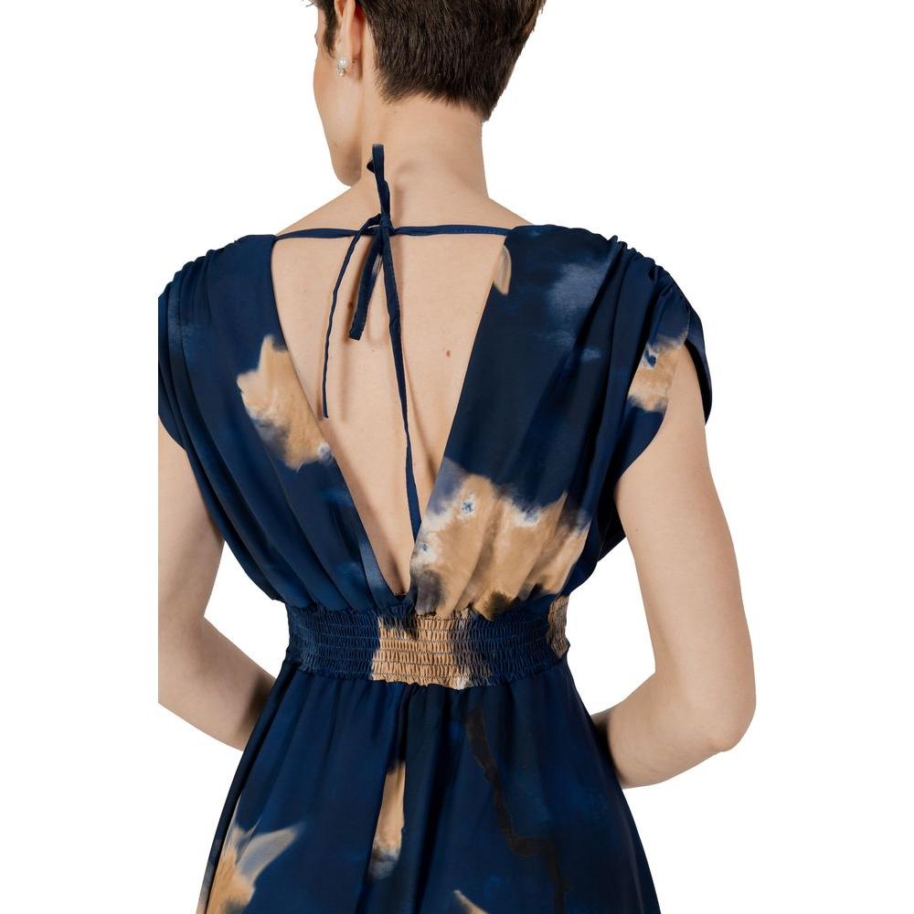 Back view of Rinascimento blue polyester long dress with tie detail, part of the spring/summer collection, featuring a stylish open back.