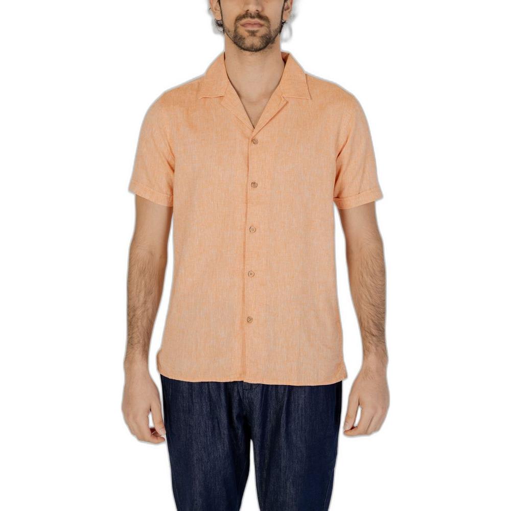 Hamaki-Ho Men's Orange Linen Shirt, Short-Sleeved, Spring/Summer Collection, 55% Linen, 45% Cotton, Lightweight and Stylish