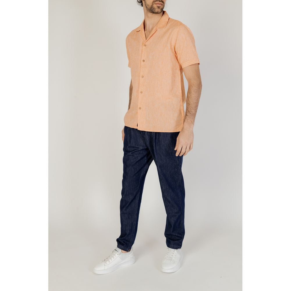 Hamaki-Ho men's orange linen short-sleeved shirt, spring/summer collection, made of 55% linen and 45% cotton.