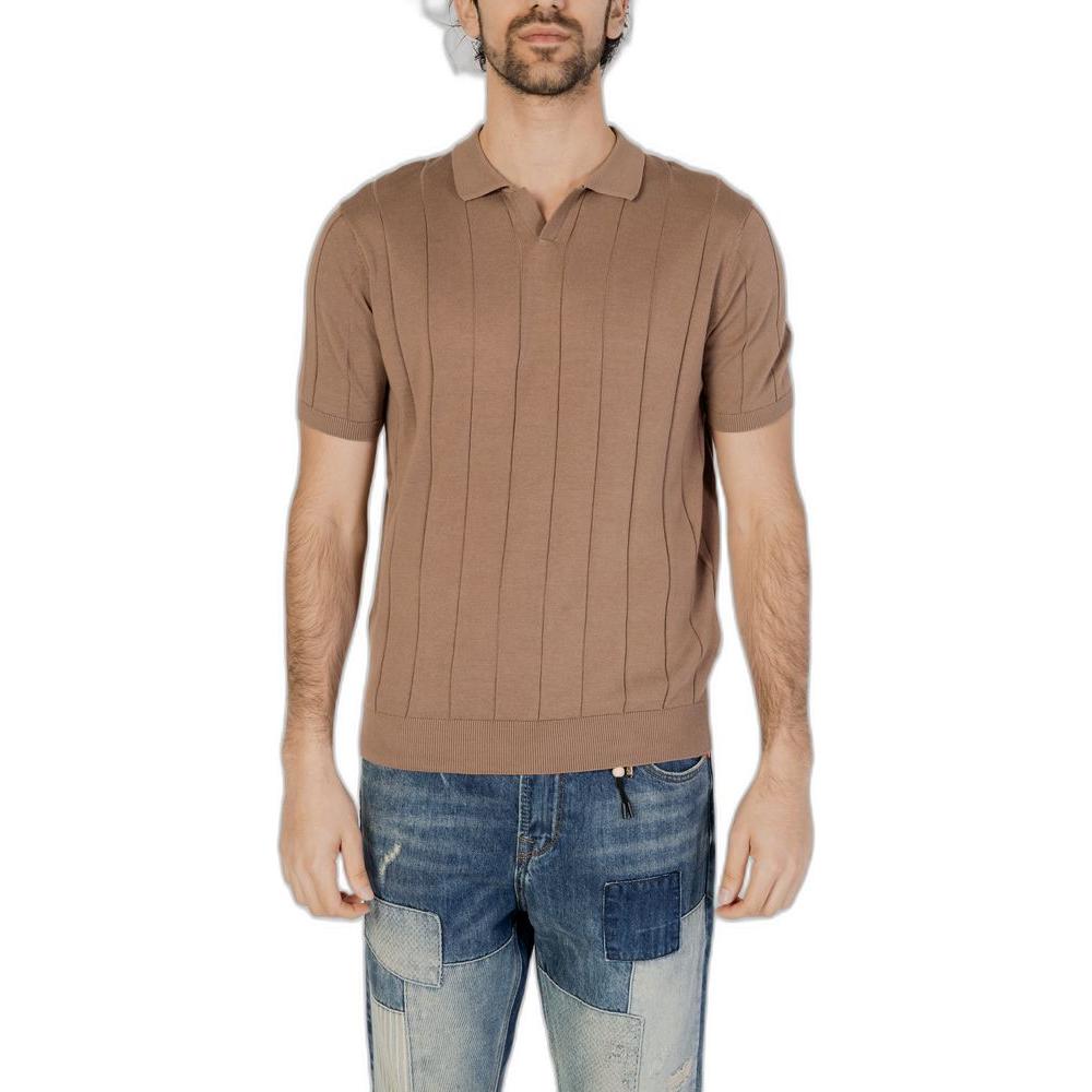 Men's short sleeve brown yarn sweater, spring/summer collection, 100% cotton, casual fashion.