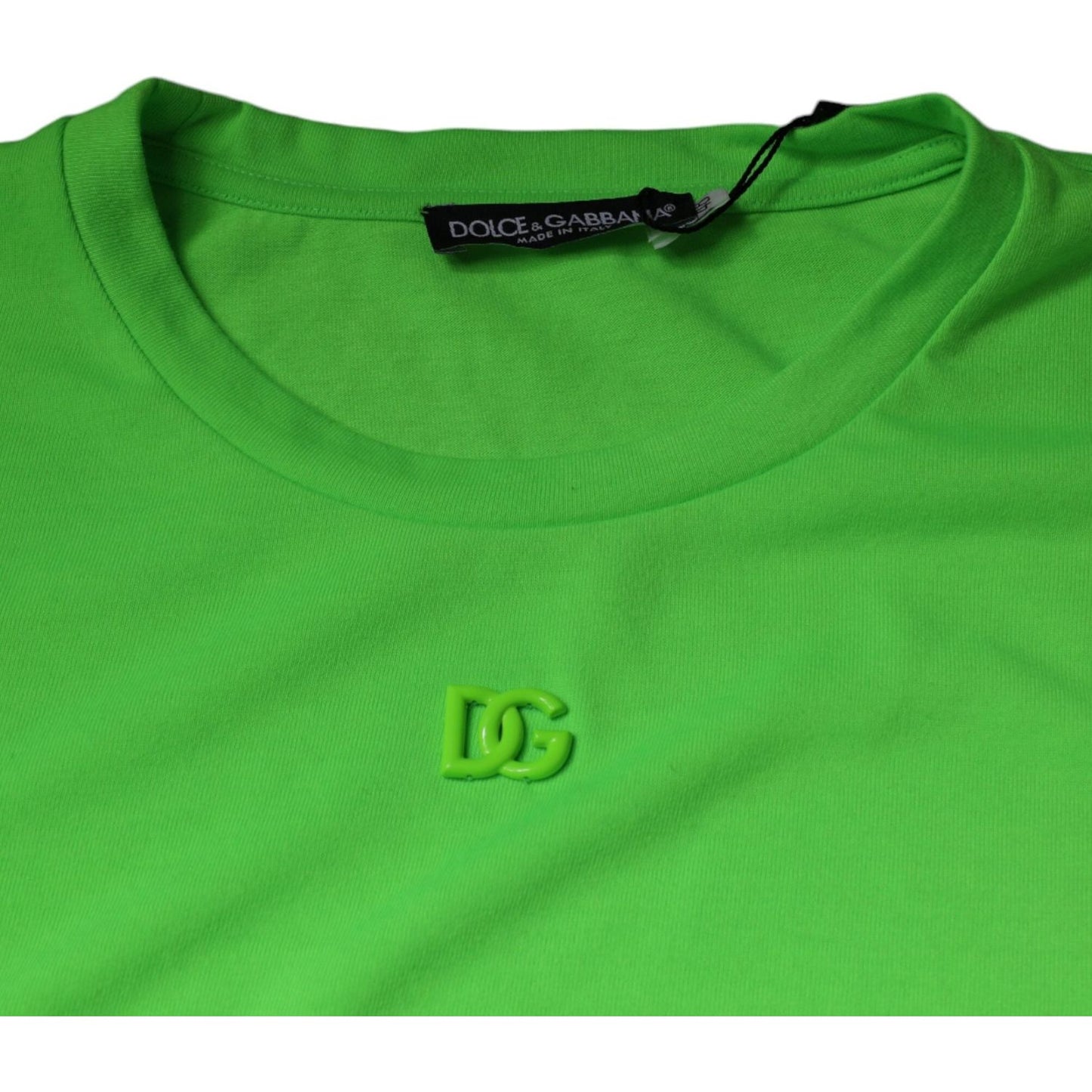 Dolce & Gabbana green logo t-shirt with round neck and short sleeves, made of 100% polyester, featuring logo detail, new with tags.