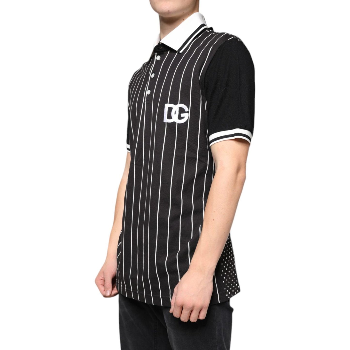 Dolce & Gabbana black and white striped polo shirt with collar and button closure, featuring D&G logo and short sleeves.
