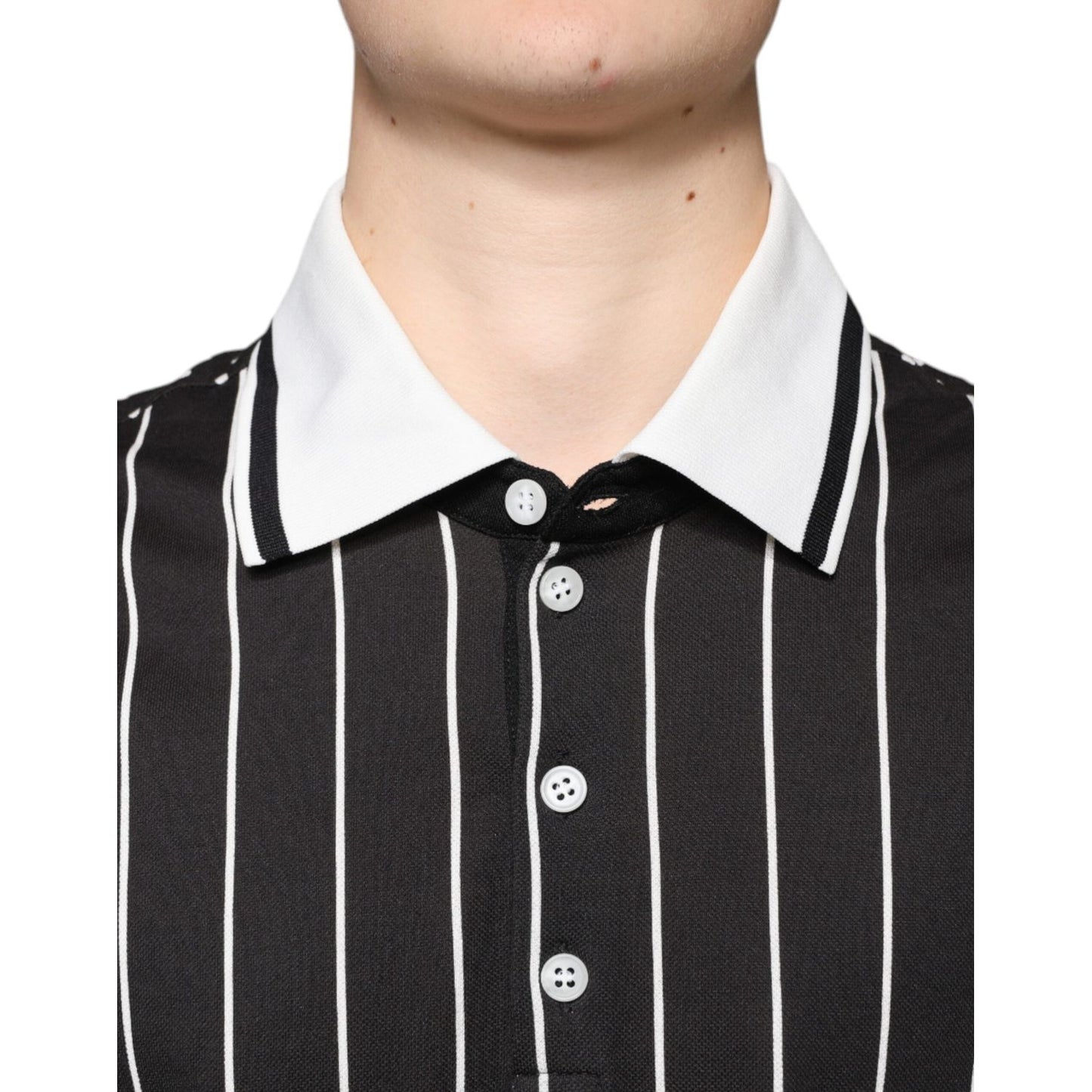 Dolce & Gabbana black and white striped collared polo shirt, button closure, 100% cotton, logo detail, made in Italy