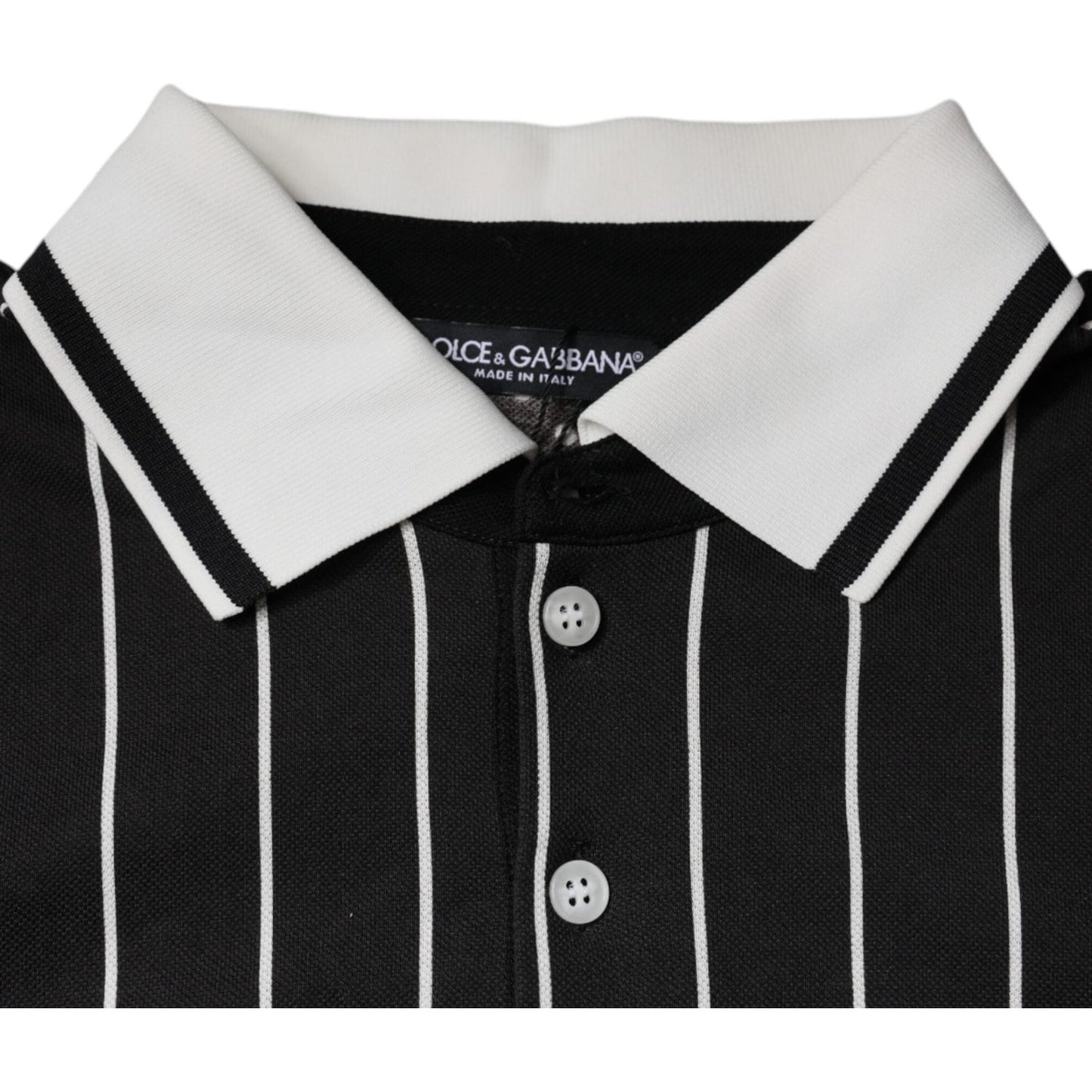 Dolce & Gabbana black and white striped collared polo t-shirt with button closure, made in Italy, 100% cotton.
