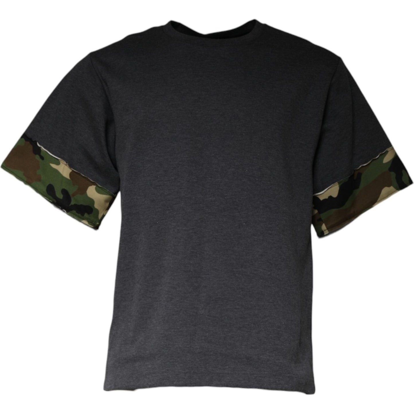 Dolce & Gabbana dark gray camouflage crew neck t-shirt with short sleeves and logo details, made in Italy, 70% cotton, 30% nylon.