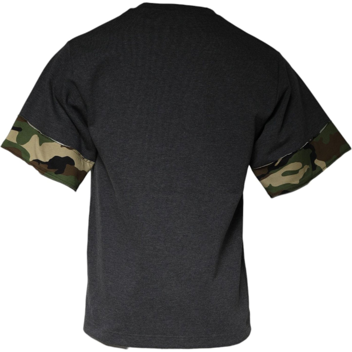Dolce & Gabbana dark gray crew neck t-shirt with camouflage sleeves, 70% cotton, 30% nylon, Made in Italy, back view.