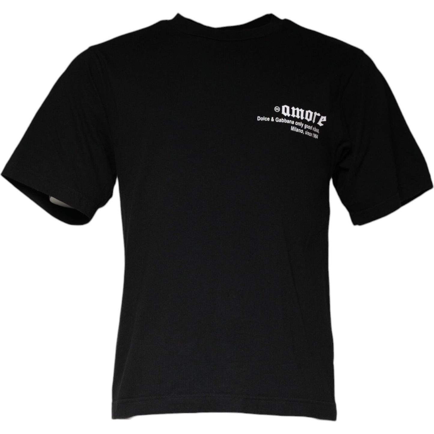 Dolce & Gabbana black cotton crew neck t-shirt with Amore print, short sleeves, logo details, 100% authentic, regular fit, made in Italy.