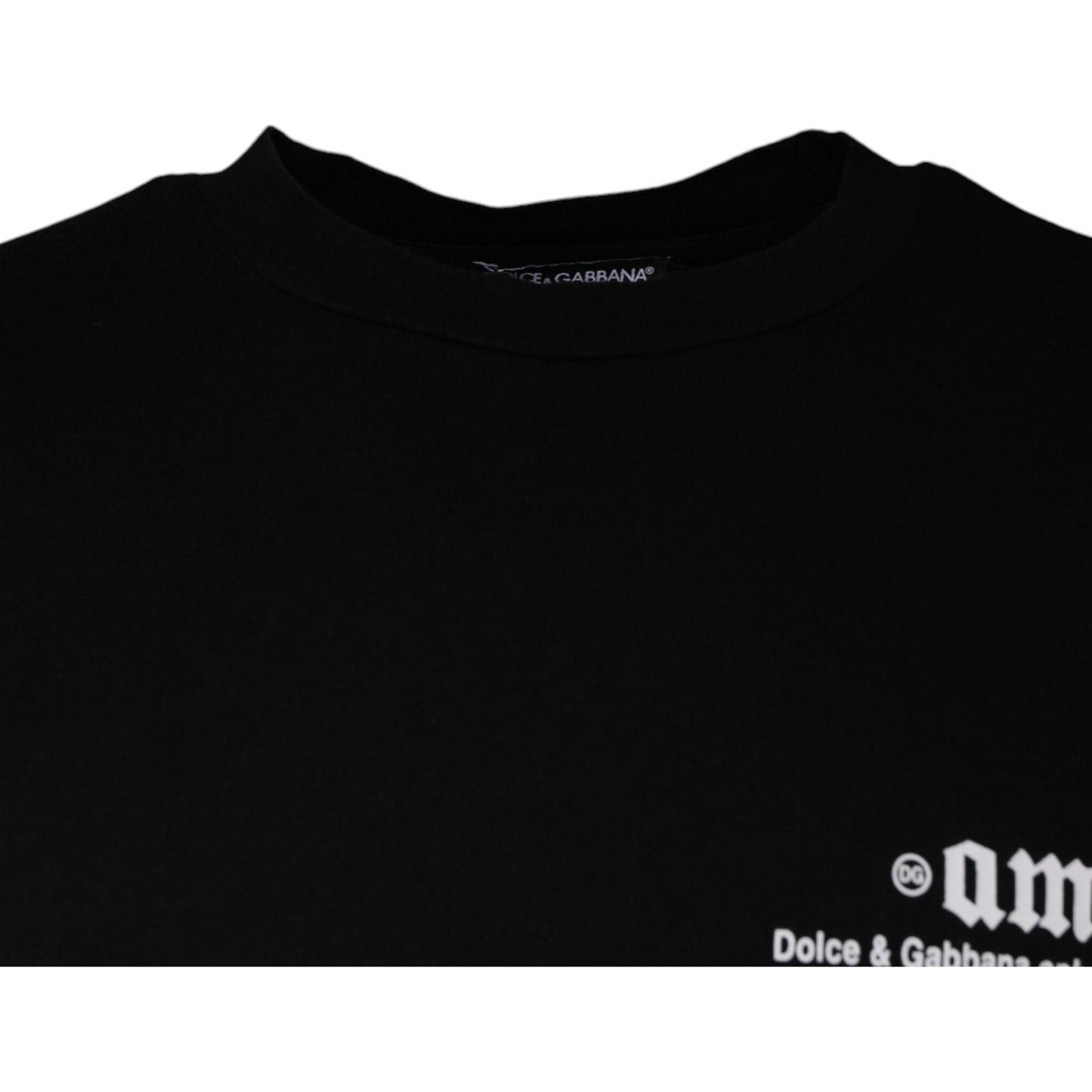 Dolce & Gabbana black Amore print cotton crew neck t-shirt, close-up of collar and logo detail; Italian-made fashion.