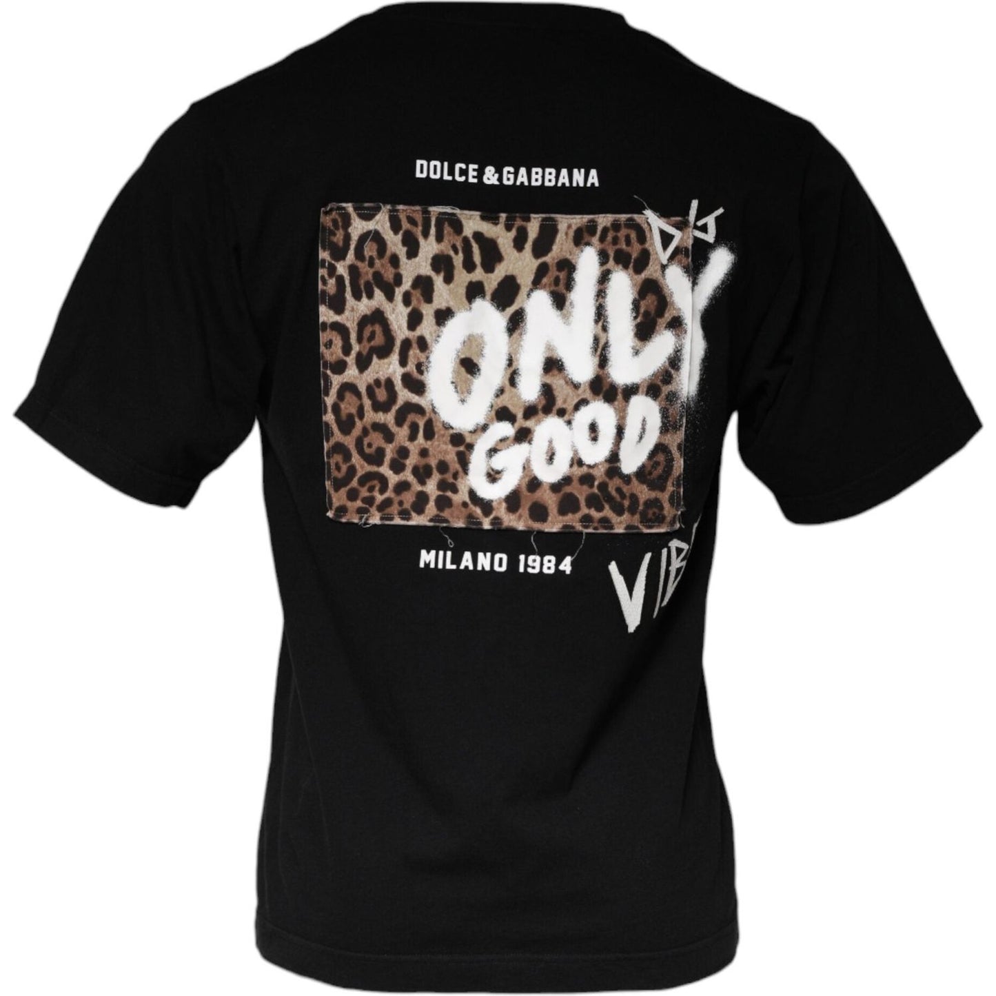 Dolce & Gabbana black cotton T-shirt with "Only Good" leopard print design, crew neck, short sleeves, and logo detail. Made in Italy.