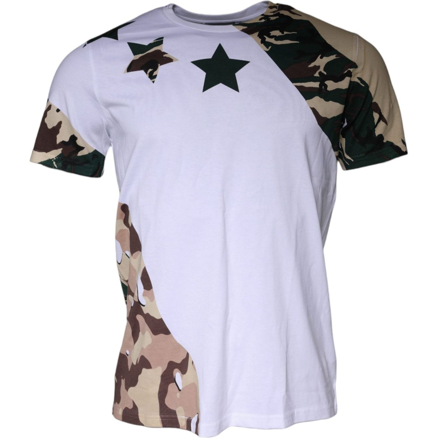 Dolce & Gabbana white t-shirt with camouflage and stars print, crew neck, short sleeves, 100% cotton, regular fit, made in Italy.
