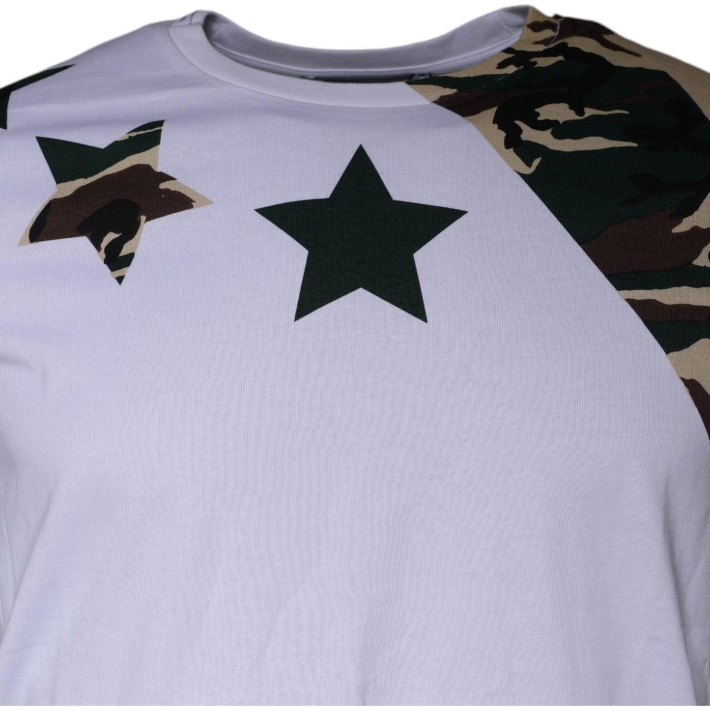 Dolce & Gabbana white t-shirt with camouflage and star print detail, crew neck, short sleeves, 100% cotton, made in Italy.
