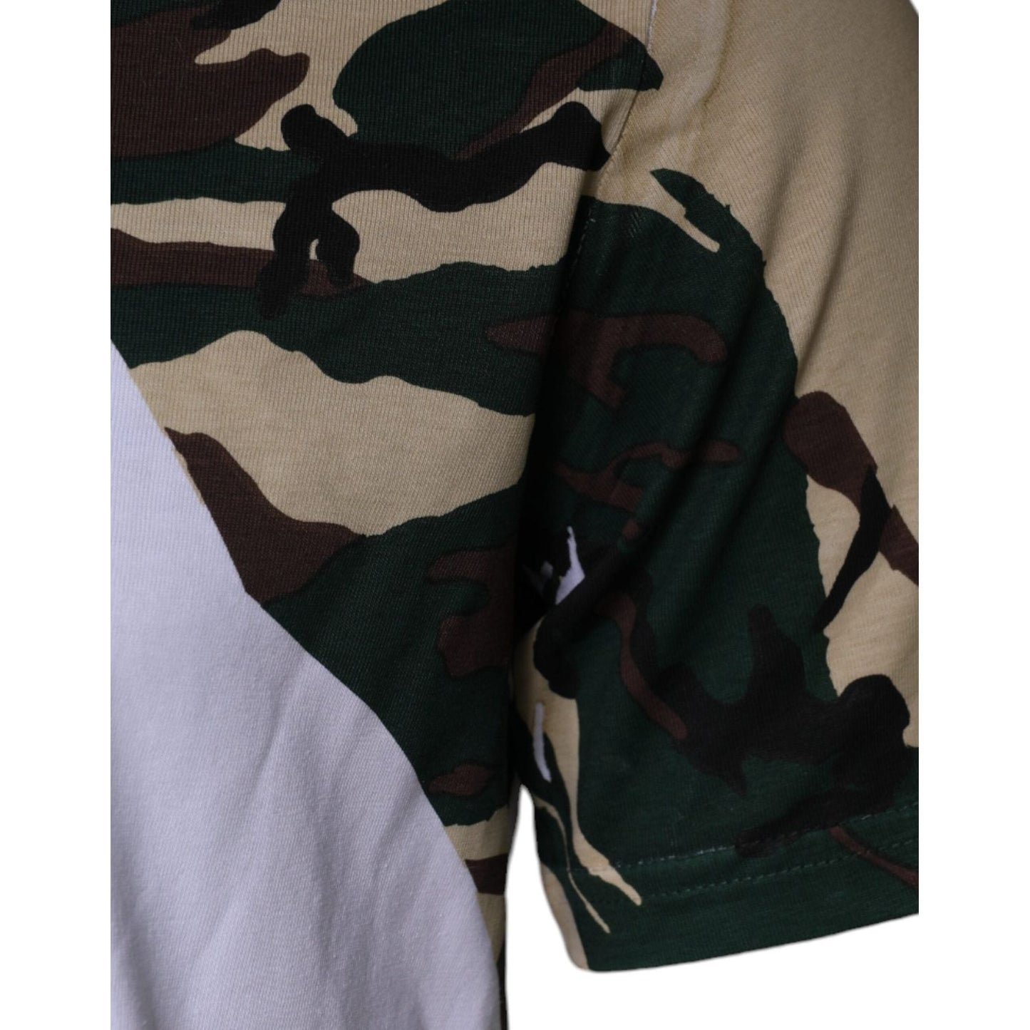 Dolce & Gabbana white camouflage stars t-shirt, close-up of sleeve design, crew neck, 100% cotton, made in Italy.