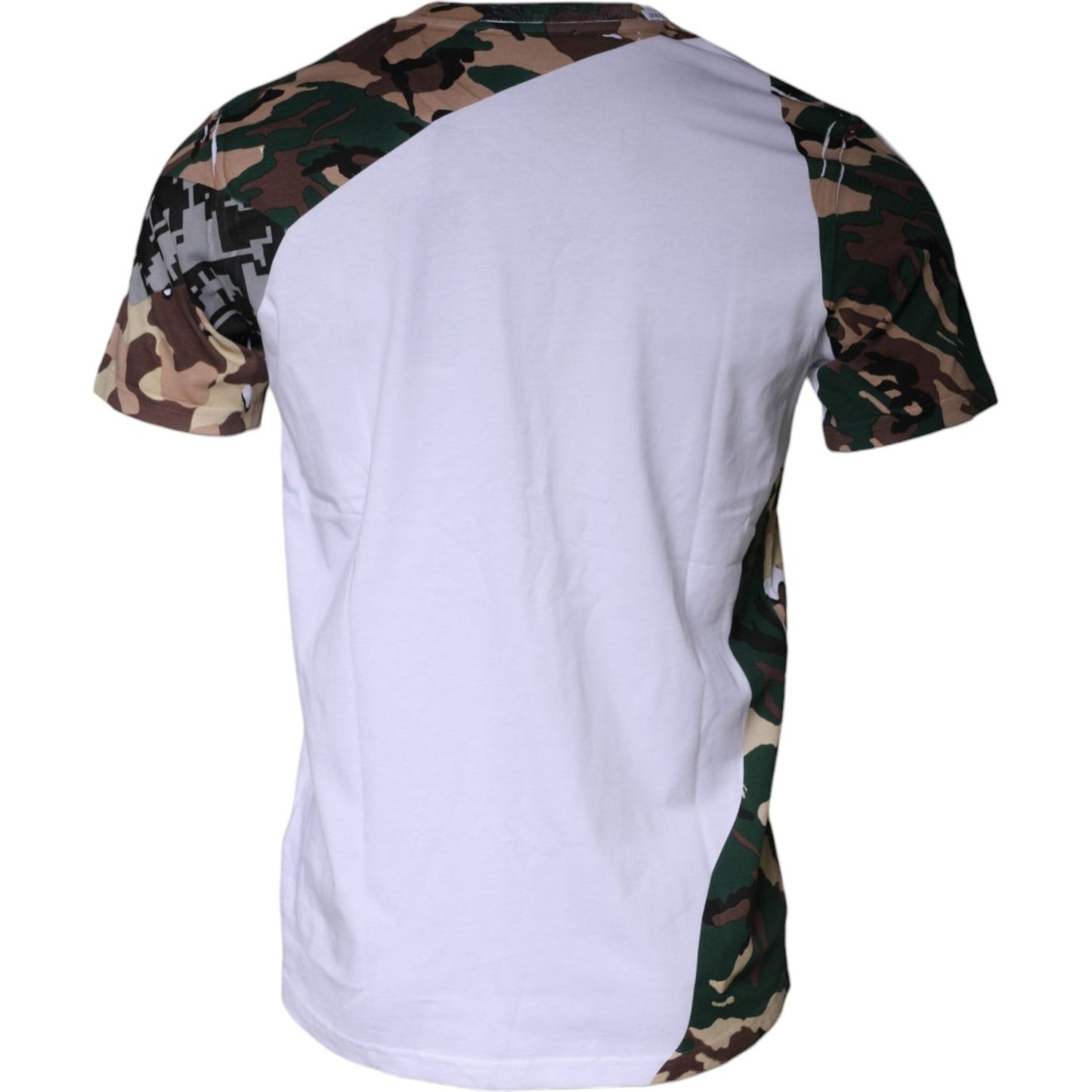 Back view of Dolce & Gabbana white t-shirt with camouflage star print, crew neck, and short sleeves.
