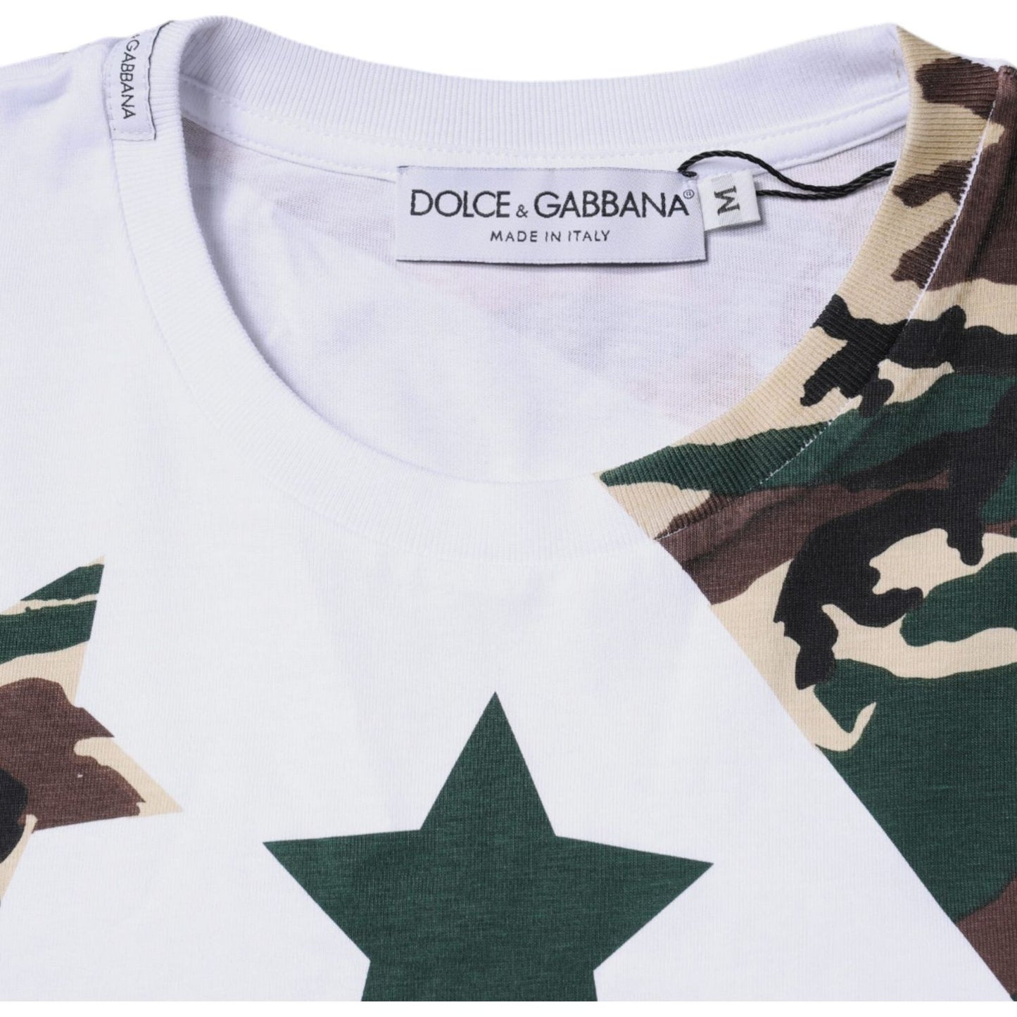 Dolce & Gabbana white camouflage stars crew neck t-shirt, 100% cotton, regular fit, made in Italy, with brand logo tag visible.